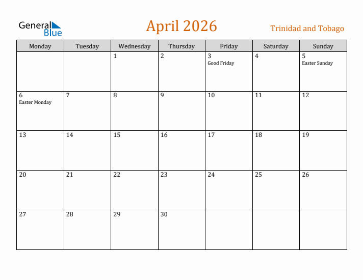 April 2026 Holiday Calendar with Monday Start