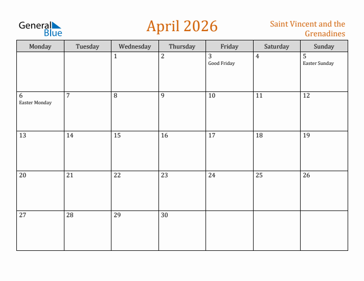April 2026 Holiday Calendar with Monday Start
