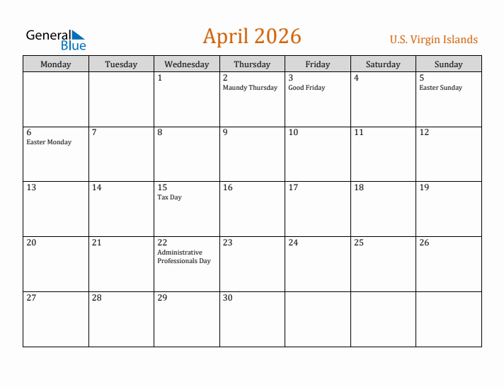 April 2026 Holiday Calendar with Monday Start