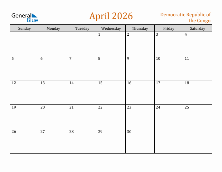 April 2026 Holiday Calendar with Sunday Start