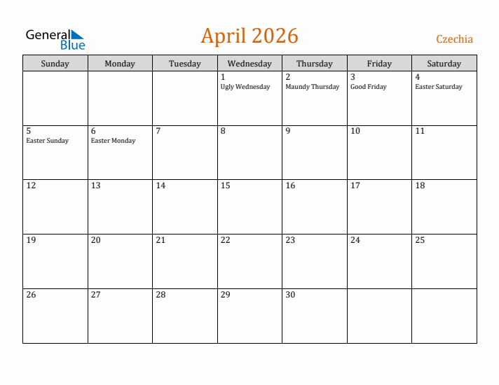 April 2026 Holiday Calendar with Sunday Start