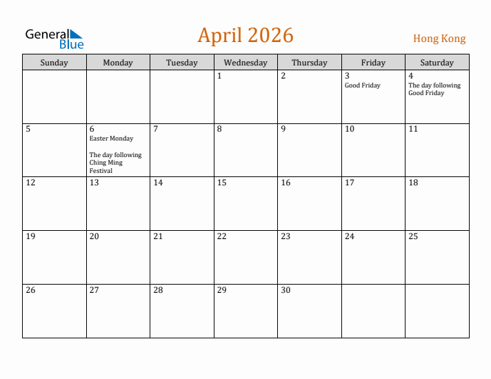 April 2026 Holiday Calendar with Sunday Start