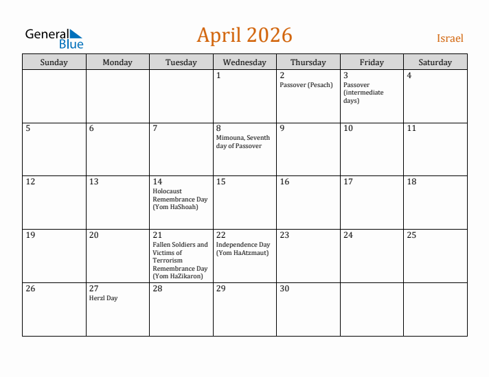 April 2026 Holiday Calendar with Sunday Start