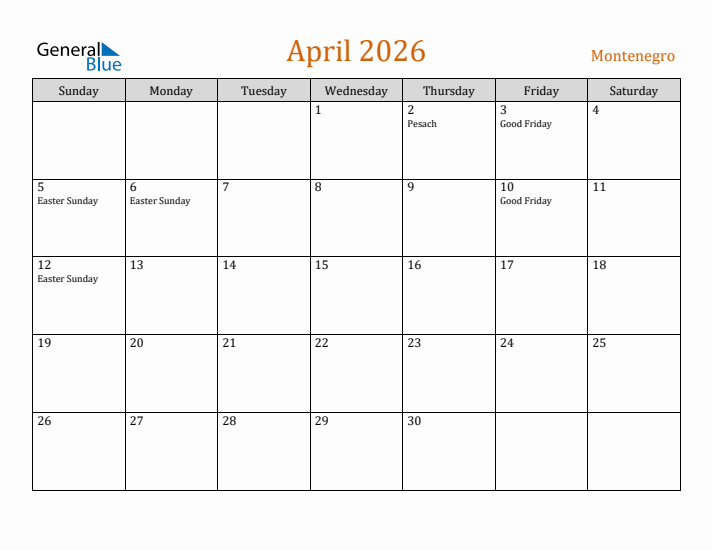 April 2026 Holiday Calendar with Sunday Start