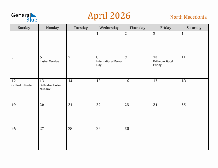 April 2026 Holiday Calendar with Sunday Start