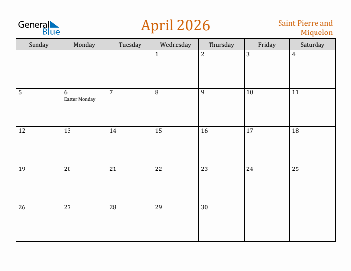 April 2026 Holiday Calendar with Sunday Start