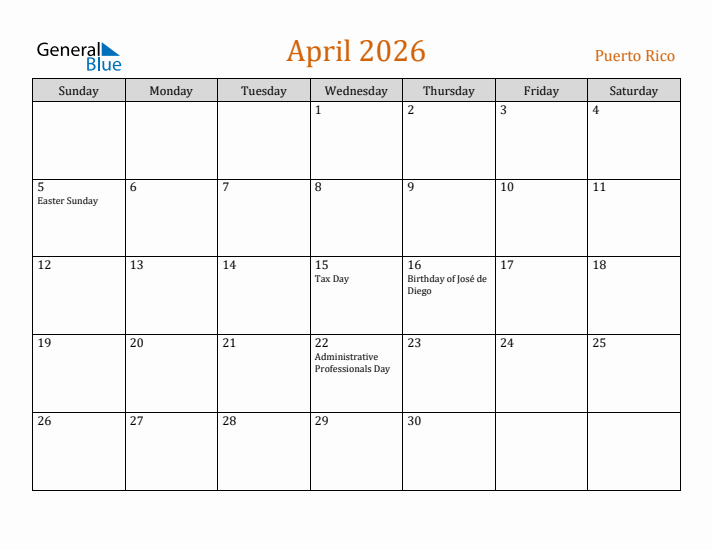 April 2026 Holiday Calendar with Sunday Start