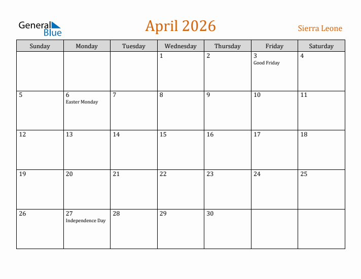 April 2026 Holiday Calendar with Sunday Start