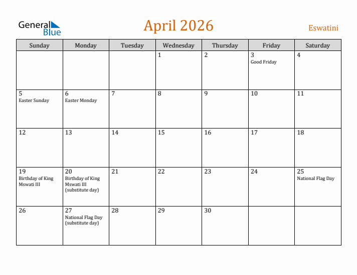 April 2026 Holiday Calendar with Sunday Start