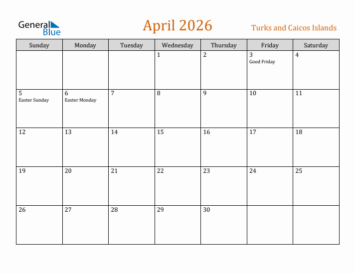 April 2026 Holiday Calendar with Sunday Start