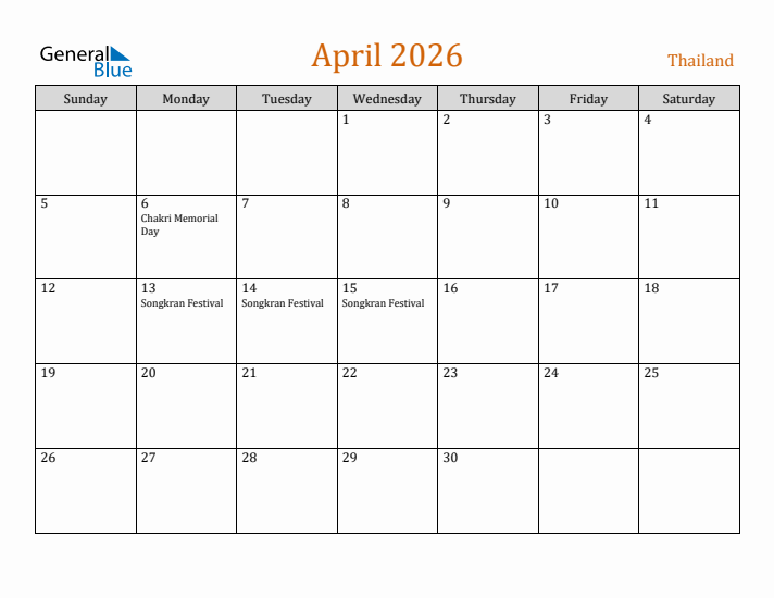 April 2026 Holiday Calendar with Sunday Start
