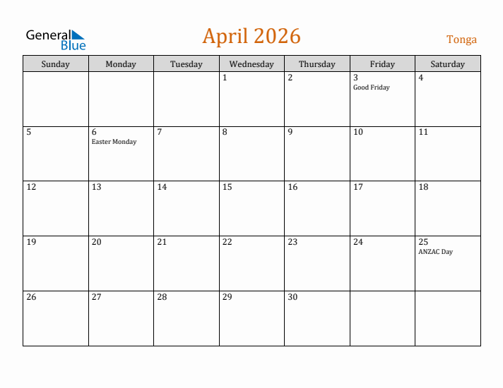 April 2026 Holiday Calendar with Sunday Start