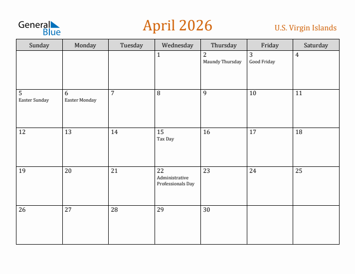 April 2026 Holiday Calendar with Sunday Start