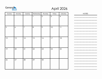 Current month calendar April 2026