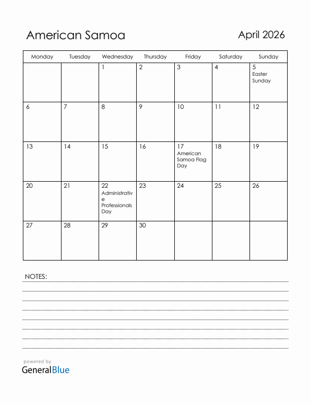April 2026 American Samoa Calendar with Holidays (Monday Start)