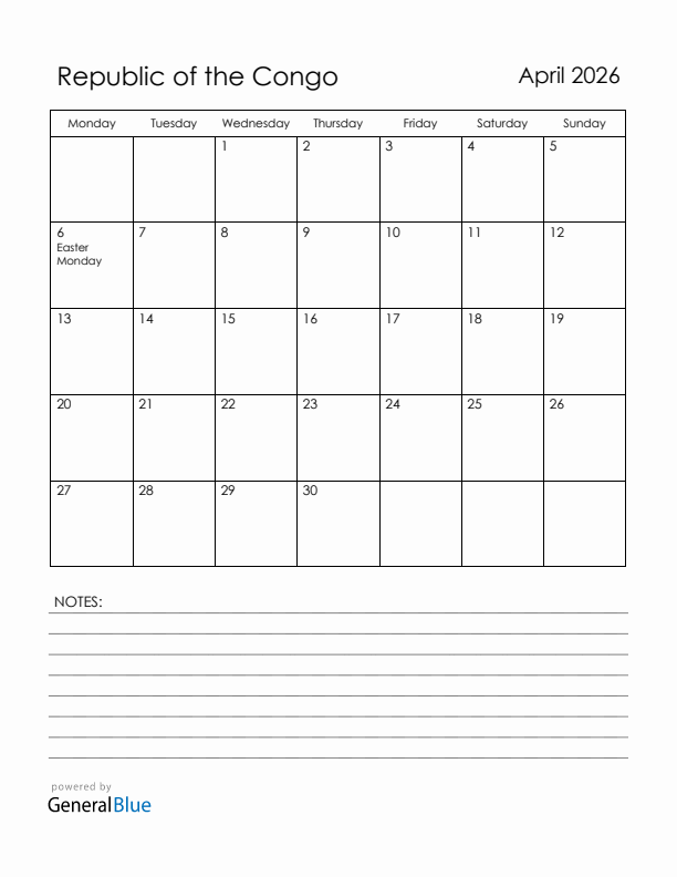 April 2026 Republic of the Congo Calendar with Holidays (Monday Start)