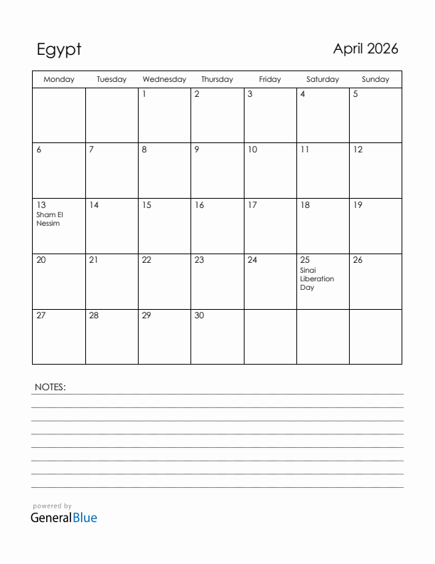 April 2026 Egypt Calendar with Holidays (Monday Start)