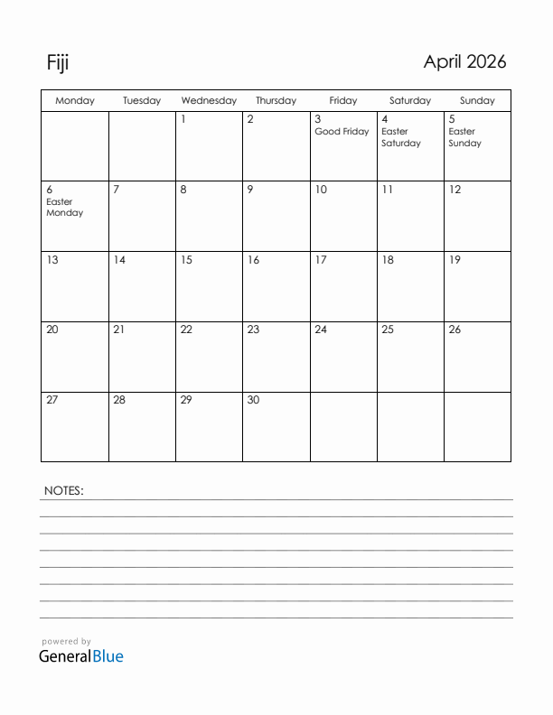 April 2026 Fiji Calendar with Holidays (Monday Start)