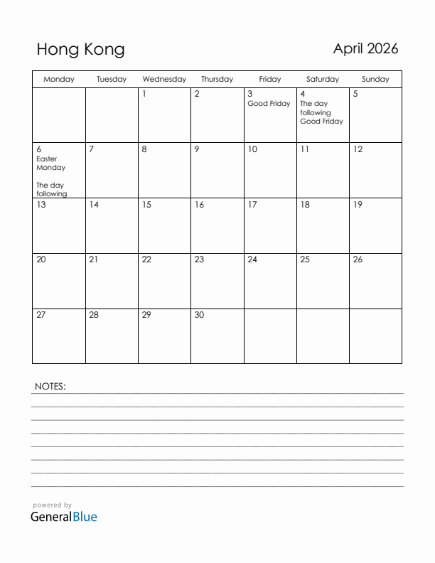 April 2026 Hong Kong Calendar with Holidays (Monday Start)
