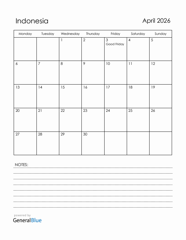 April 2026 Indonesia Calendar with Holidays (Monday Start)