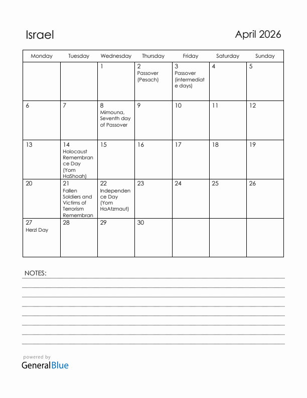 April 2026 Israel Calendar with Holidays (Monday Start)