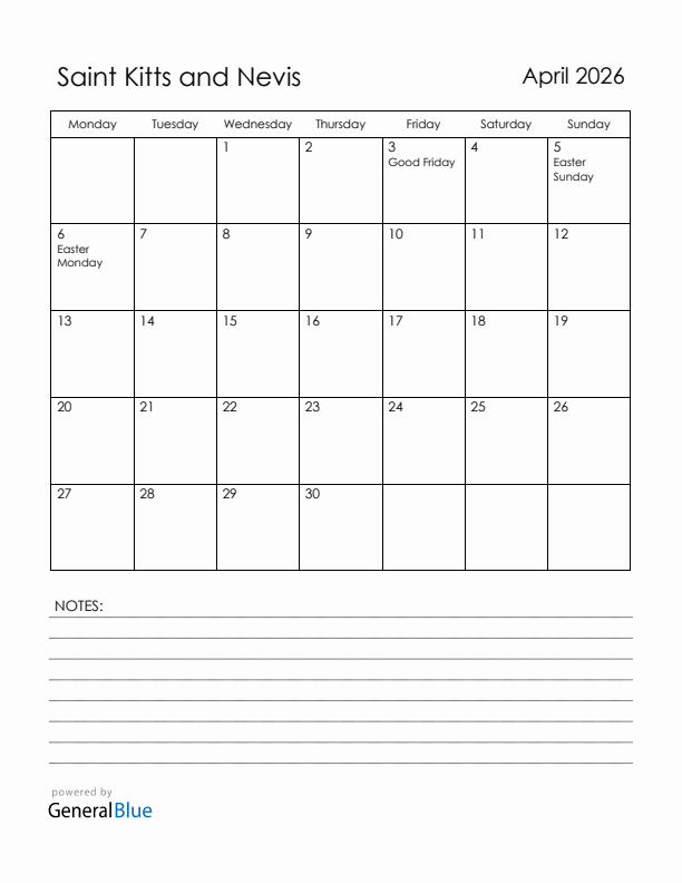 April 2026 Saint Kitts and Nevis Calendar with Holidays (Monday Start)
