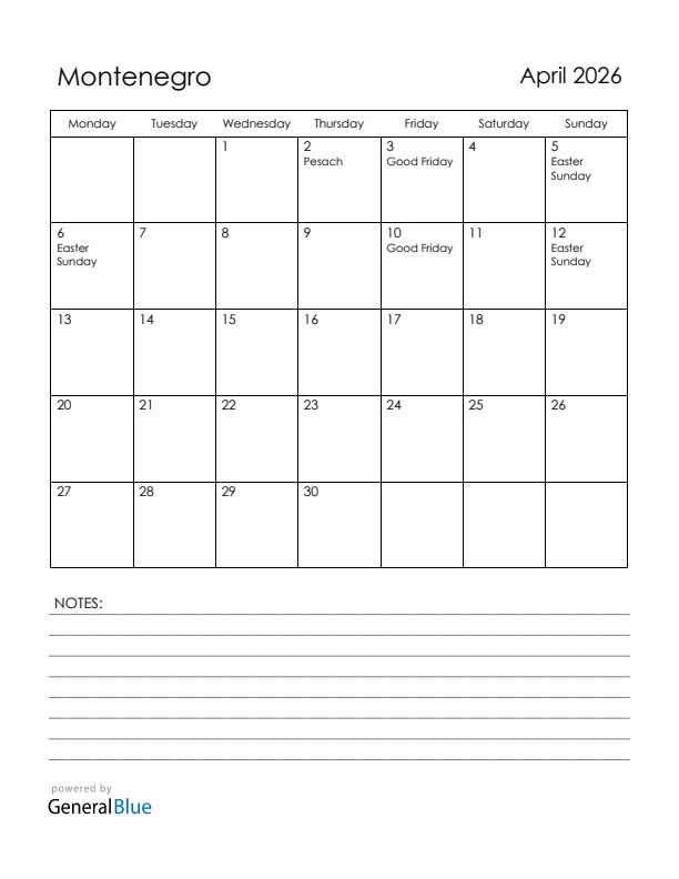 April 2026 Montenegro Calendar with Holidays (Monday Start)