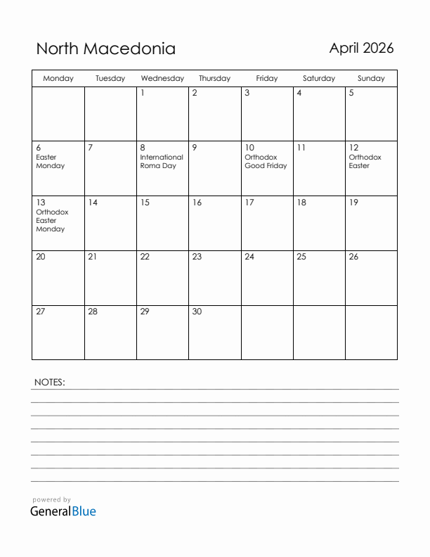 April 2026 North Macedonia Calendar with Holidays (Monday Start)