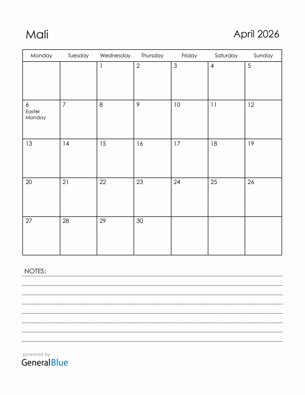 April 2026 Mali Calendar with Holidays (Monday Start)