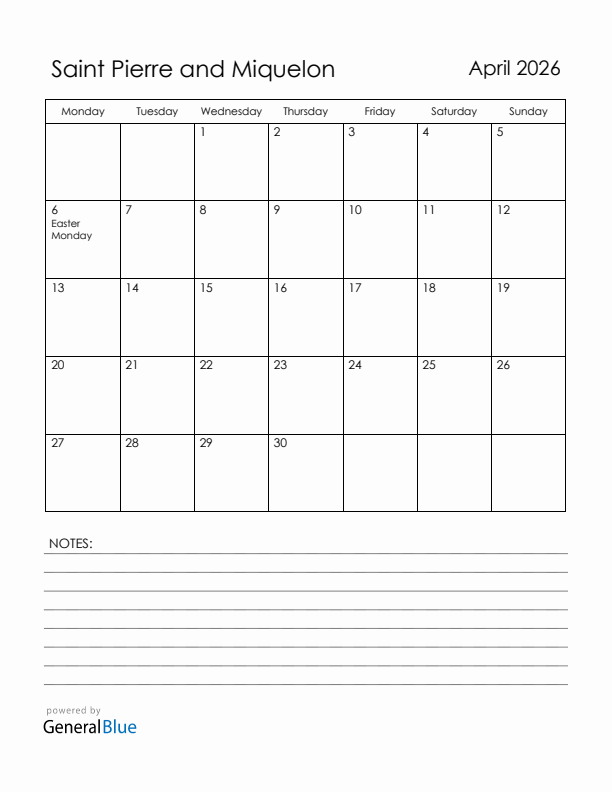 April 2026 Saint Pierre and Miquelon Calendar with Holidays (Monday Start)