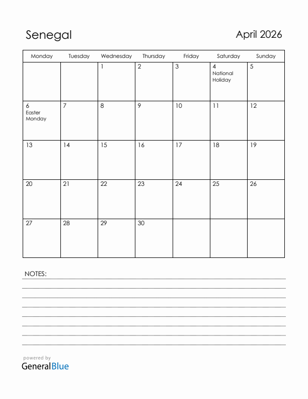 April 2026 Senegal Calendar with Holidays (Monday Start)