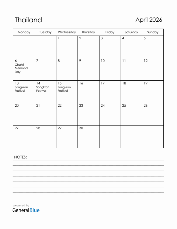 April 2026 Thailand Calendar with Holidays (Monday Start)