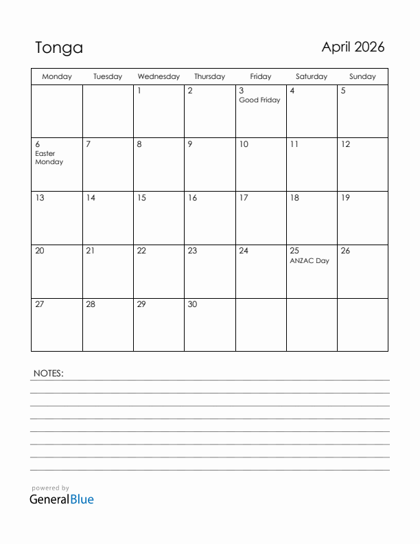 April 2026 Tonga Calendar with Holidays (Monday Start)