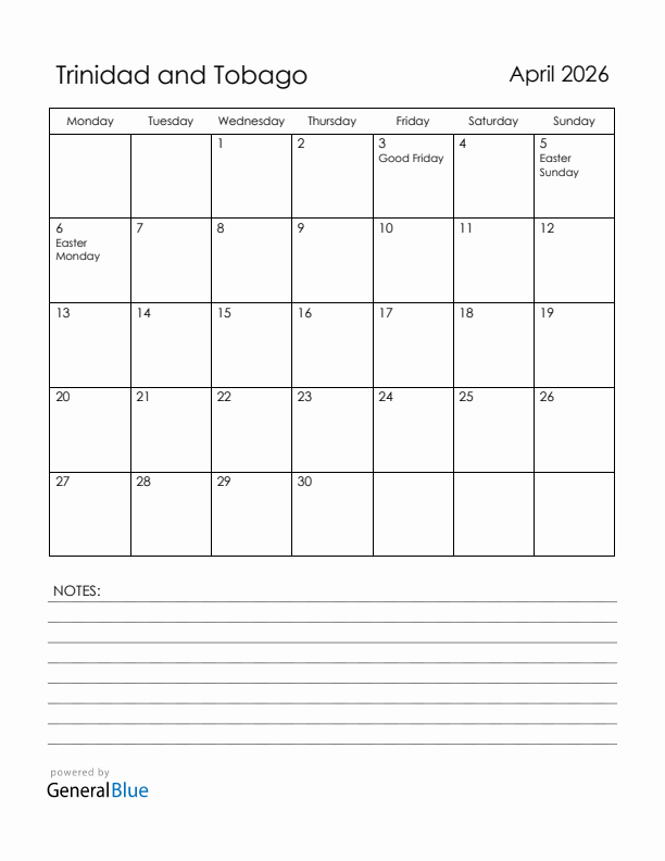 April 2026 Trinidad and Tobago Calendar with Holidays (Monday Start)