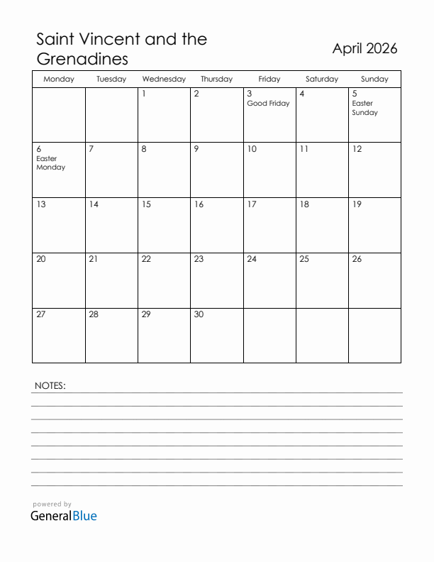 April 2026 Saint Vincent and the Grenadines Calendar with Holidays (Monday Start)