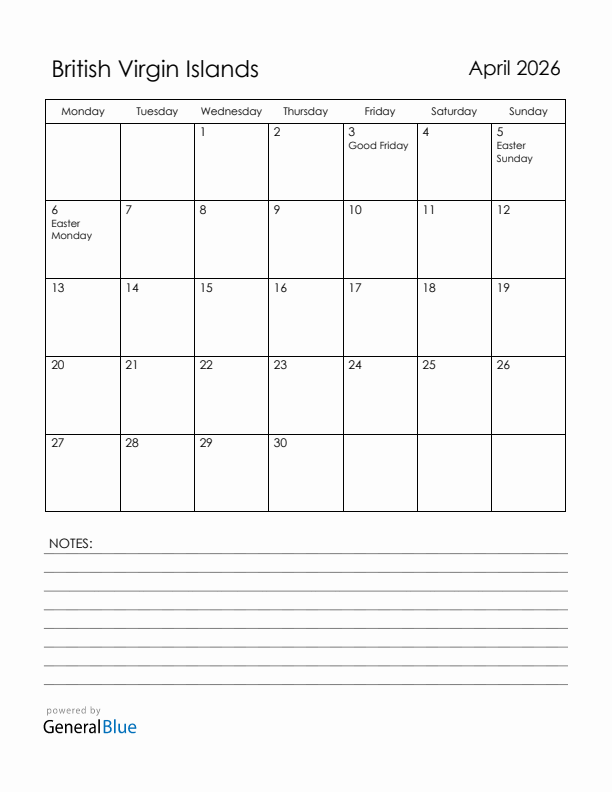 April 2026 British Virgin Islands Calendar with Holidays (Monday Start)