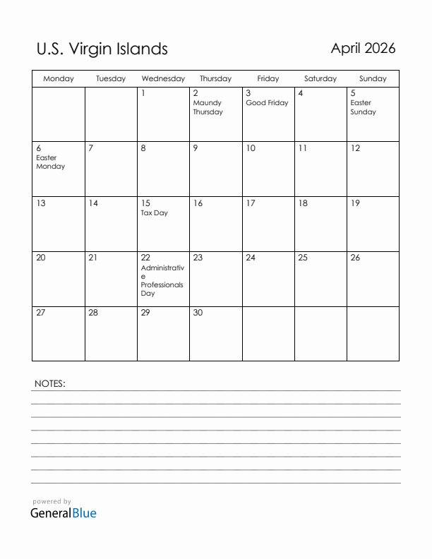 April 2026 U.S. Virgin Islands Calendar with Holidays (Monday Start)