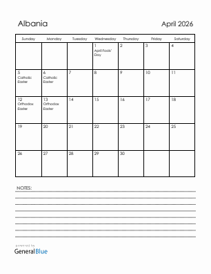 Current month calendar with Albania holidays for April 2026