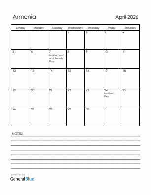 Current month calendar with Armenia holidays for April 2026