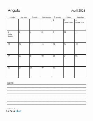 Current month calendar with Angola holidays for April 2026