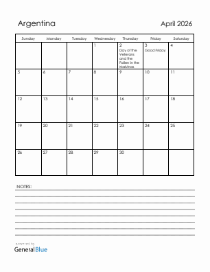 Current month calendar with Argentina holidays for April 2026