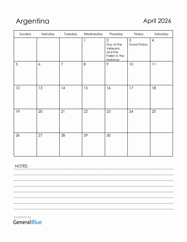 April 2026 Argentina Calendar with Holidays (Sunday Start)