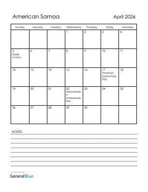 Current month calendar with American Samoa holidays for April 2026