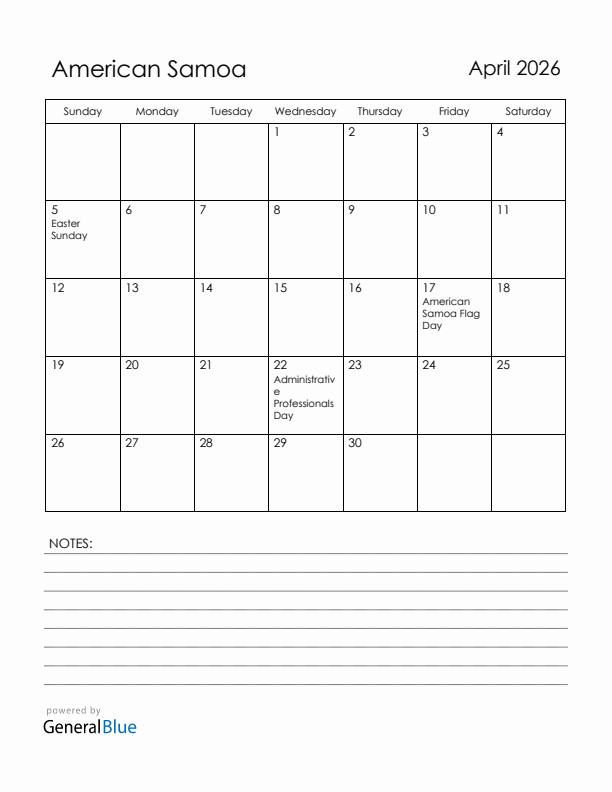 April 2026 American Samoa Calendar with Holidays (Sunday Start)