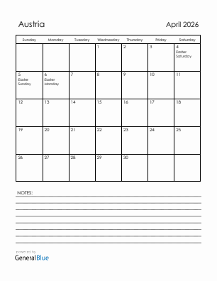 Current month calendar with Austria holidays for April 2026
