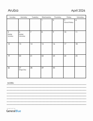 Current month calendar with Aruba holidays for April 2026