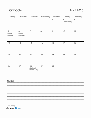 Current month calendar with Barbados holidays for April 2026