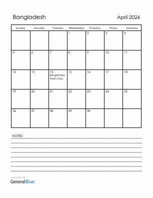 Current month calendar with Bangladesh holidays for April 2026