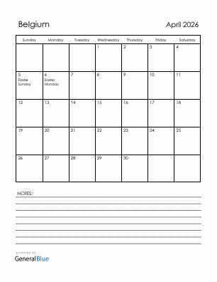 Current month calendar with Belgium holidays for April 2026