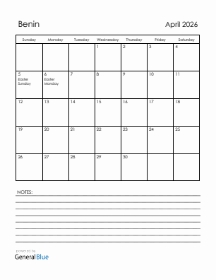 Current month calendar with Benin holidays for April 2026